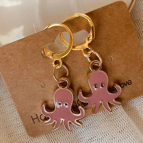 Cute Handmade Pink Octopus charm pendant Fashion Dangle Earrings set - Picture 2 of 4